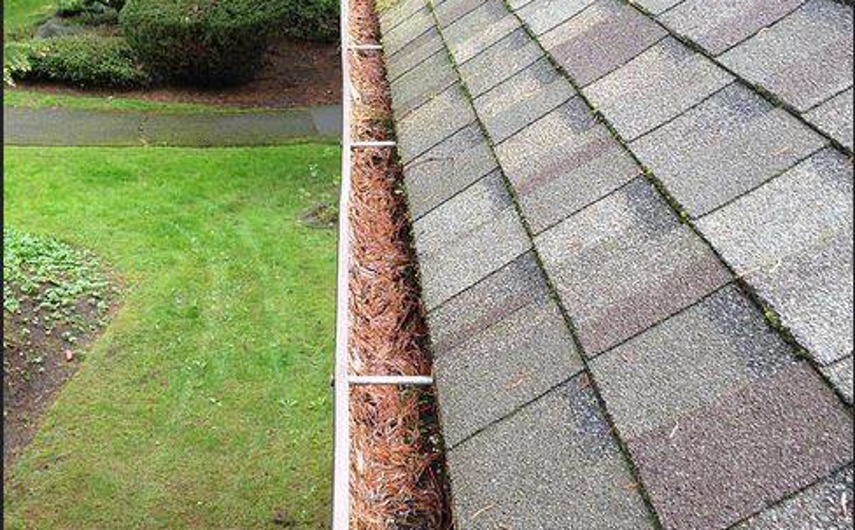 House gutter clogged with leaves